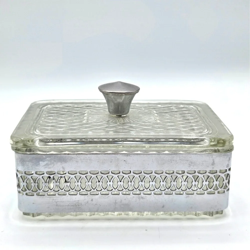 SQUARE Filigree Metal & Glass Trinket-Jewelry Box With Glass‎ Lid Casket Vintage